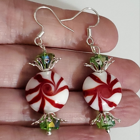 Glass lampwork candy peppermint earrings swavorski crystal 925 sterling silver - Picture 2 of 13